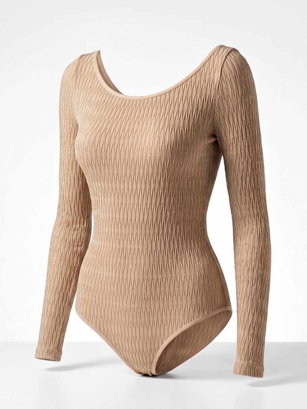 Long Sleeve Bodysuit in Beige with Gold Metallic Finish - Small, Like New